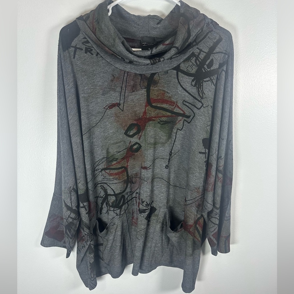 Inoah Artistic Abstract Gray Cowl Neck Top Size Medium Indie Dolman sleeve
